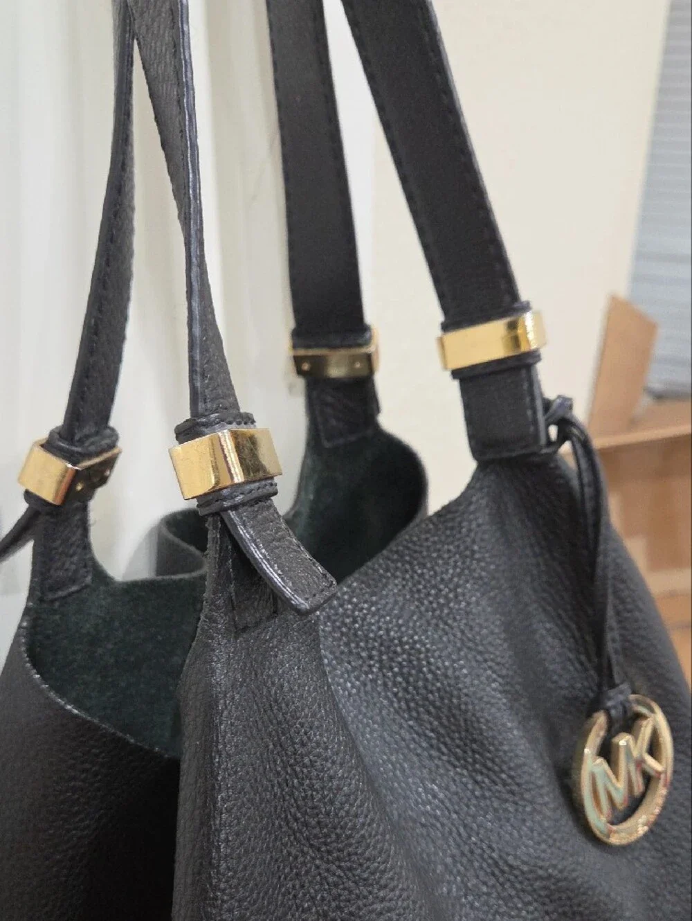 Michael Kors Black Pebbled Leather Hobo with Gold MK Charm
